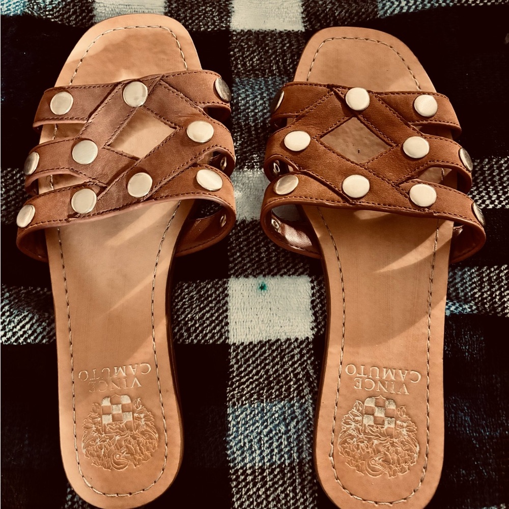 Vince Camuto Brown Studded Leather Sandals, Size 5